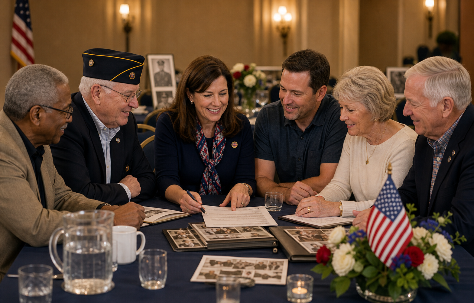 Veterans and family members planning a reunion together at an event table