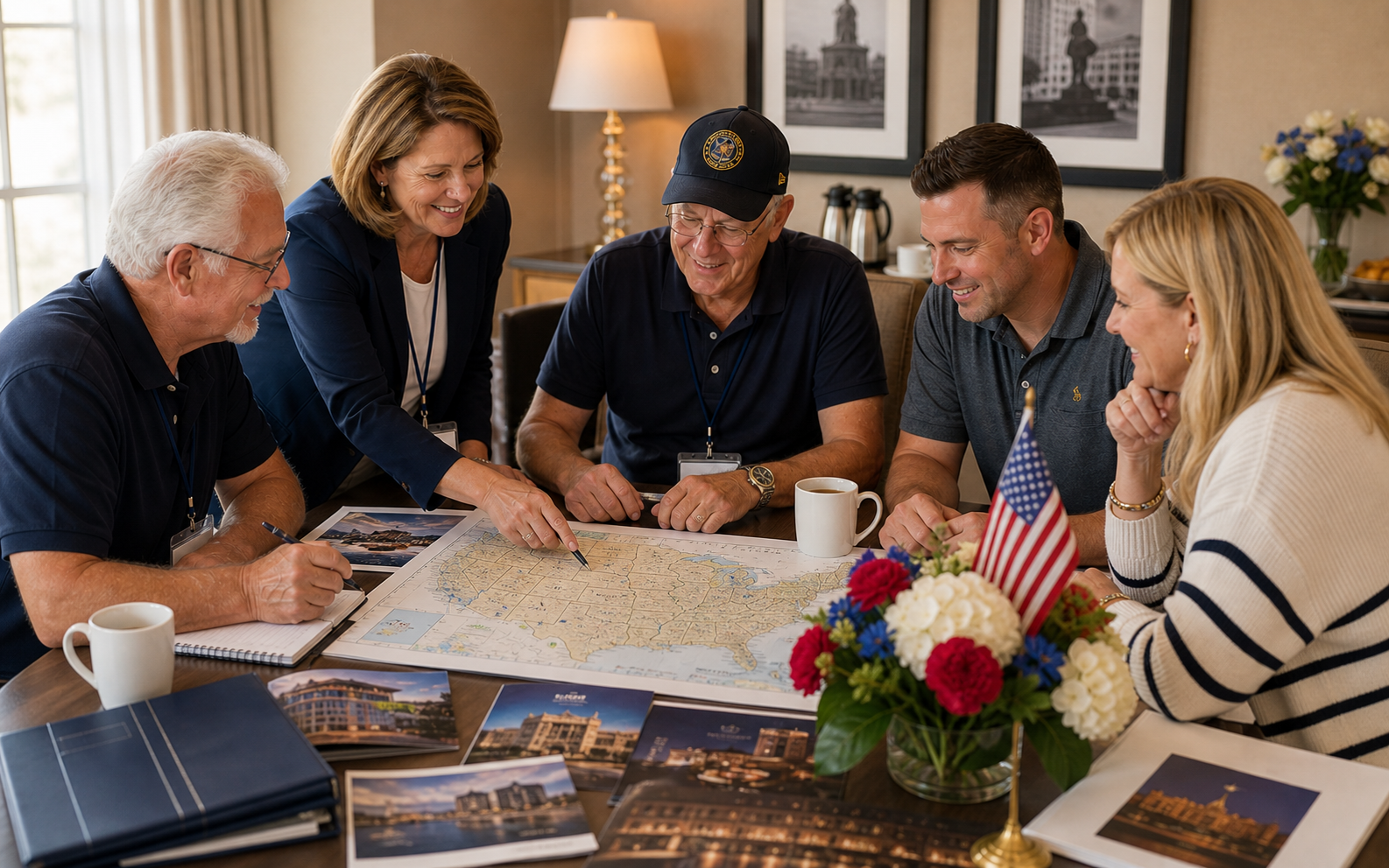 Reunion committee reviewing a United States map and hotel options